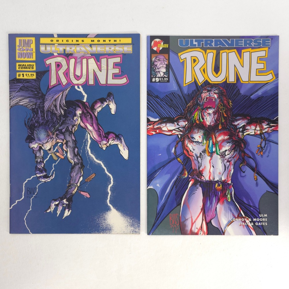 Ultraverse Rune Vol. 1 No 1 1994 & No 9 1995 Malibu Comics Barry Windsor-Smith